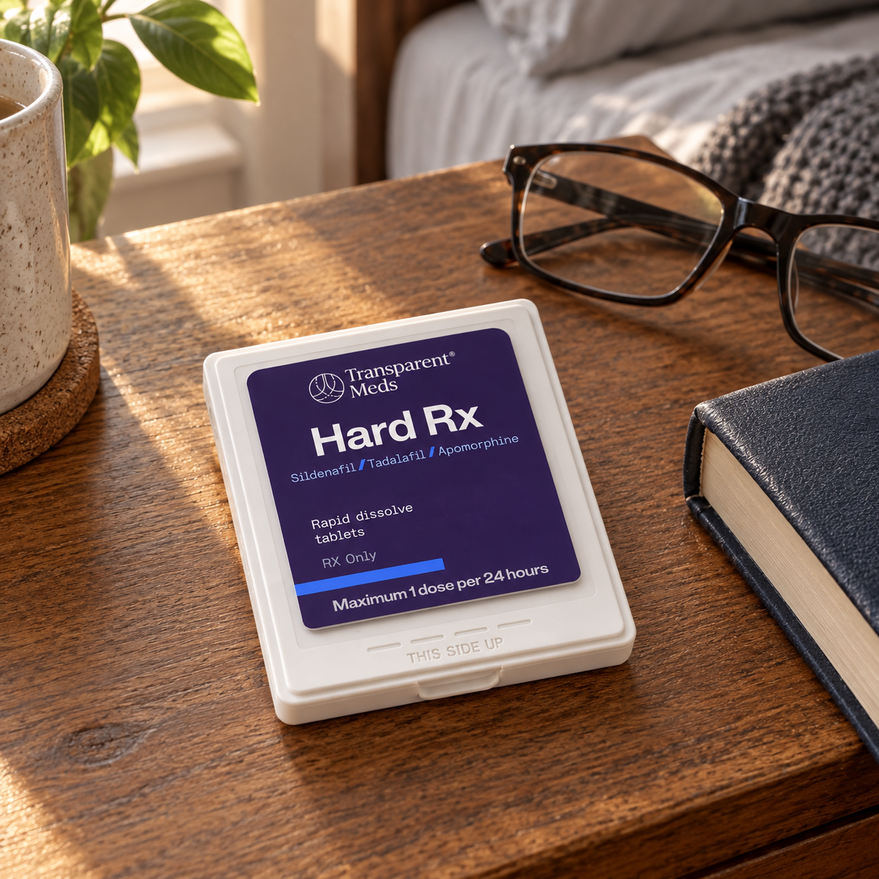 Hard Rx case beside reading glasses on a wooden bedside table